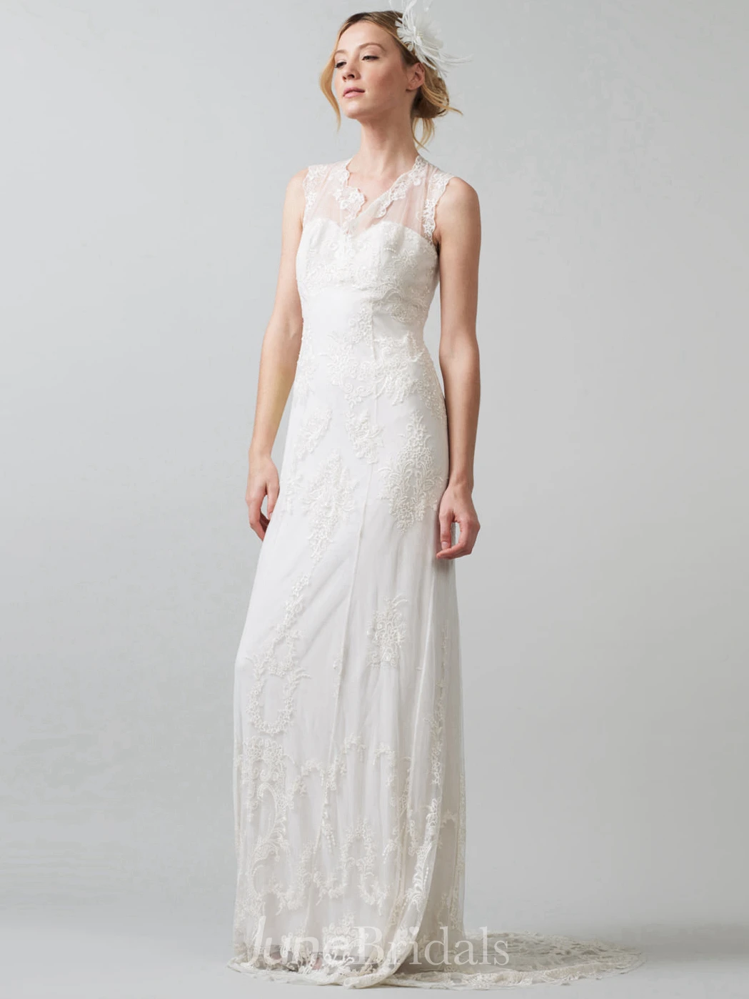 Sheath V-Neck Sleeveless Floor-Length Lace&Tulle Wedding Dress With Appliques And Illusion