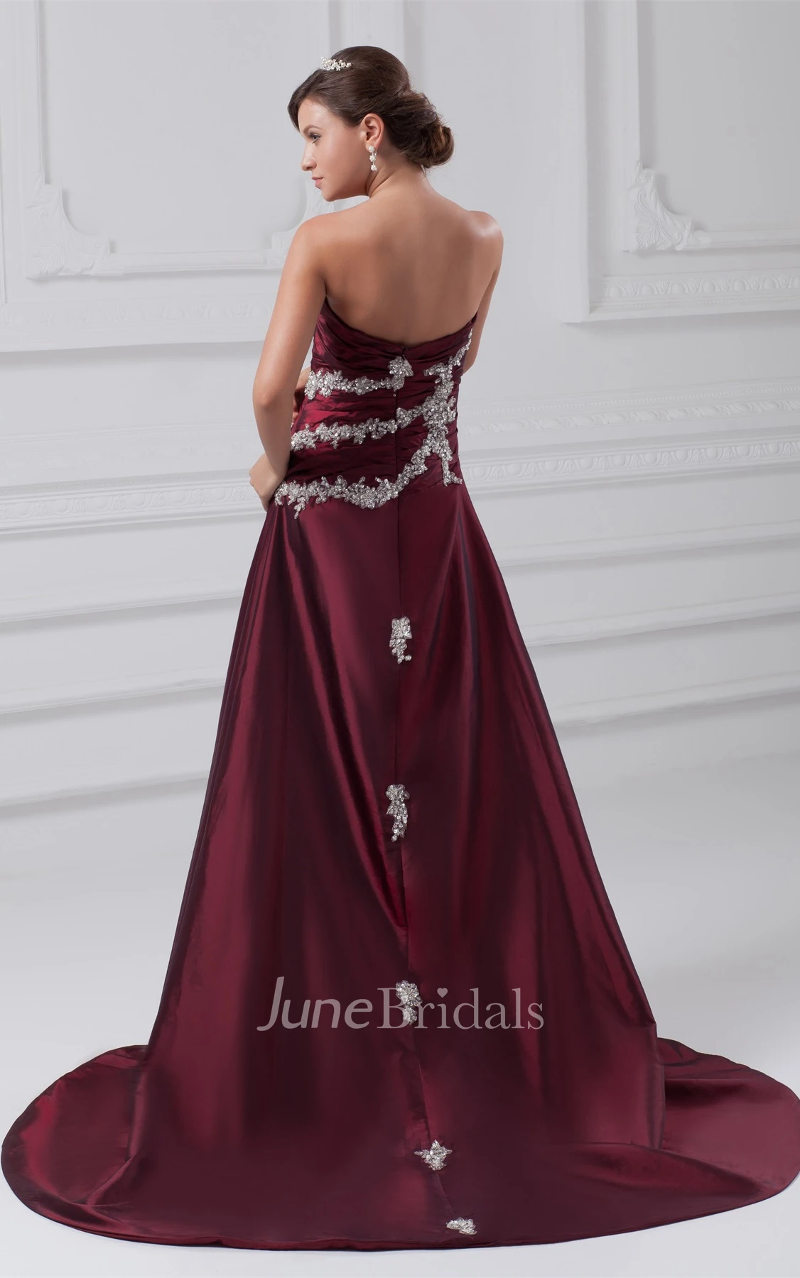 Strapless A-Line Appliqued Gown with Ruched Bodice