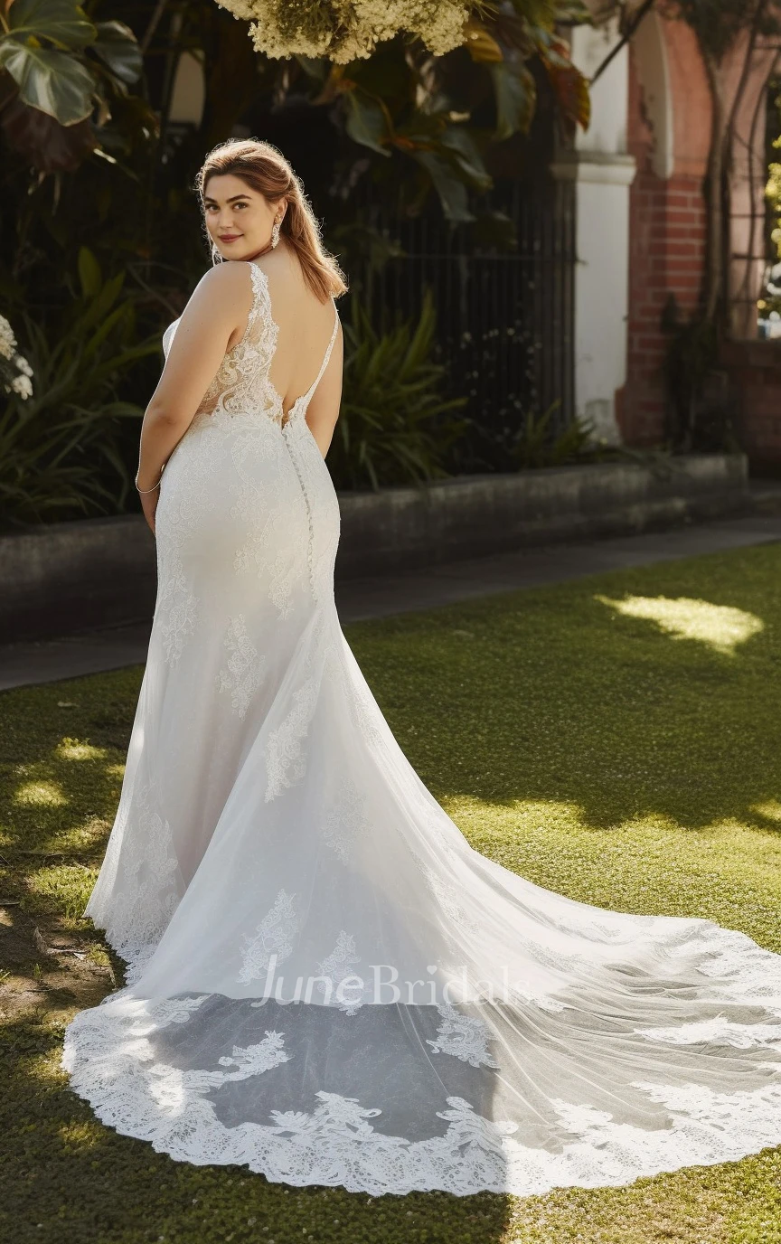 A-Line Tulle Sleeveless Wedding Dress with Split Front Plunging Neckline  Country Garden Floor-length Sweep Train 2024 - June Bridals