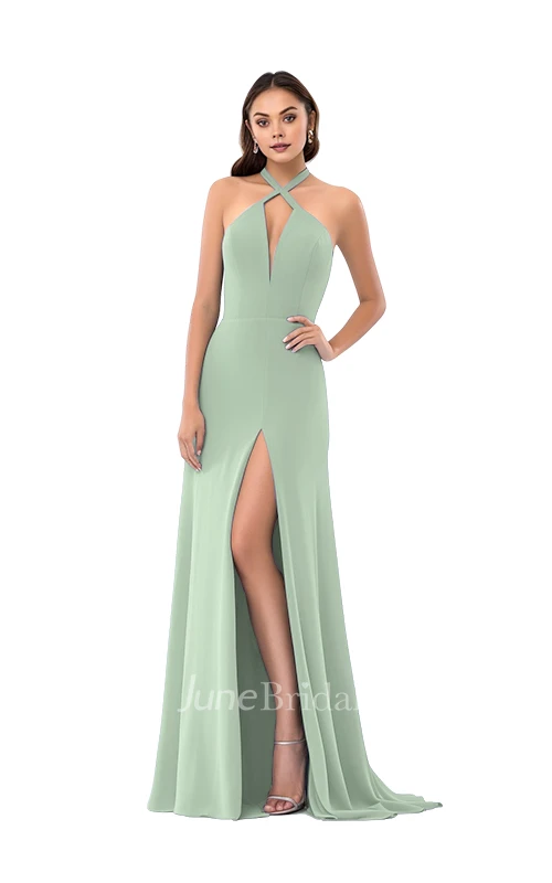 Modern Sheath Plunging Neck Satin Bridesmaid Dress with Split Front