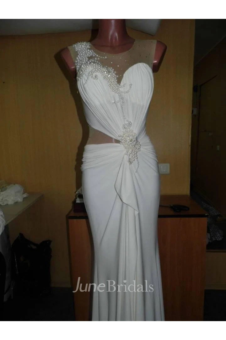 Sexy Illusion Bow Princess Wedding Dresses Pearl Embellished Bridal Gowns