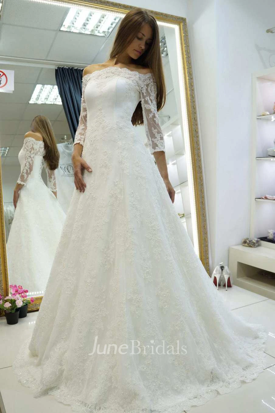 Off-The-Shoulder Long Sleeve Satin Beaded Lace Wedding Dress