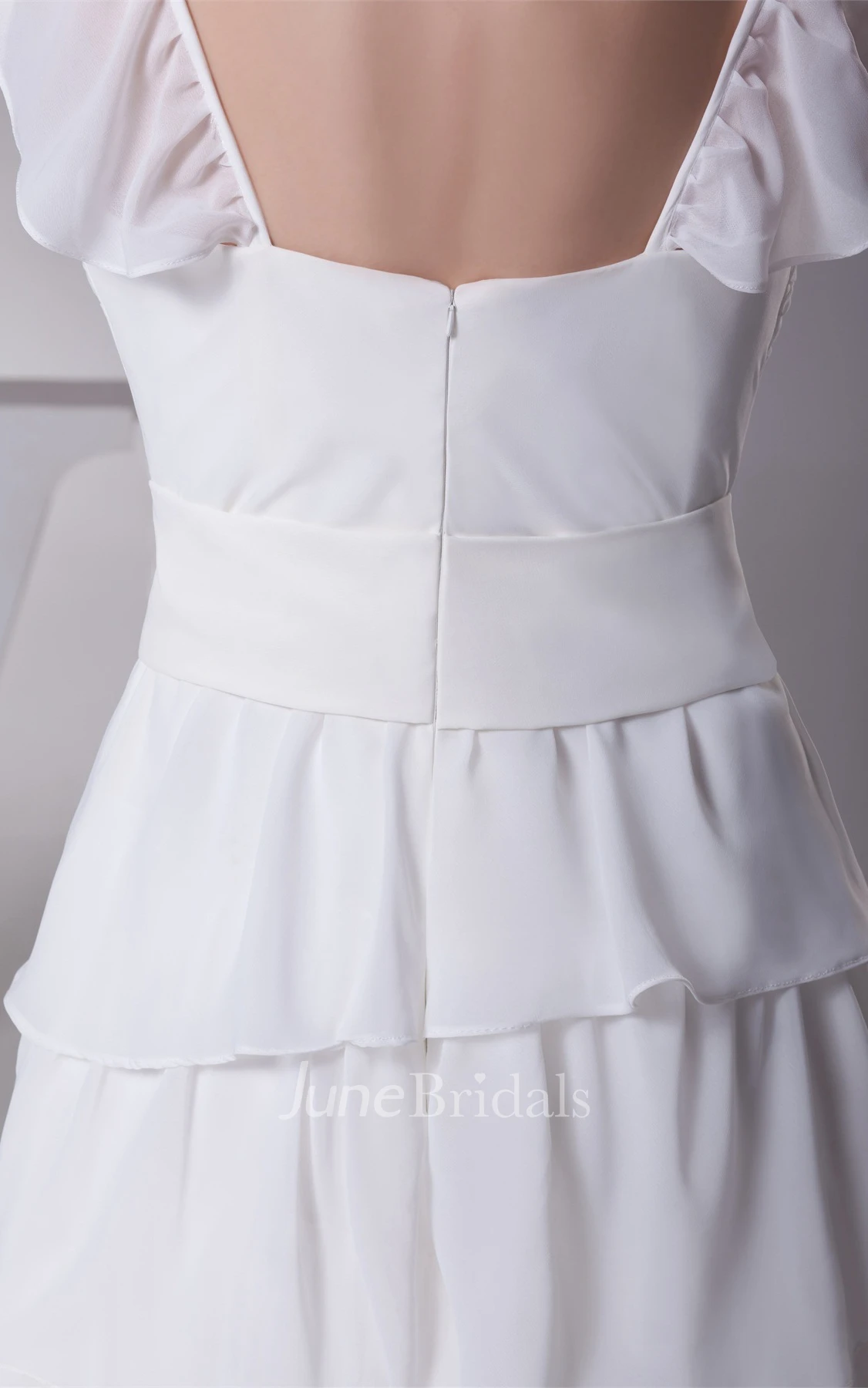 Caped-Sleeve Tiered Sheath Dress with Ribbon