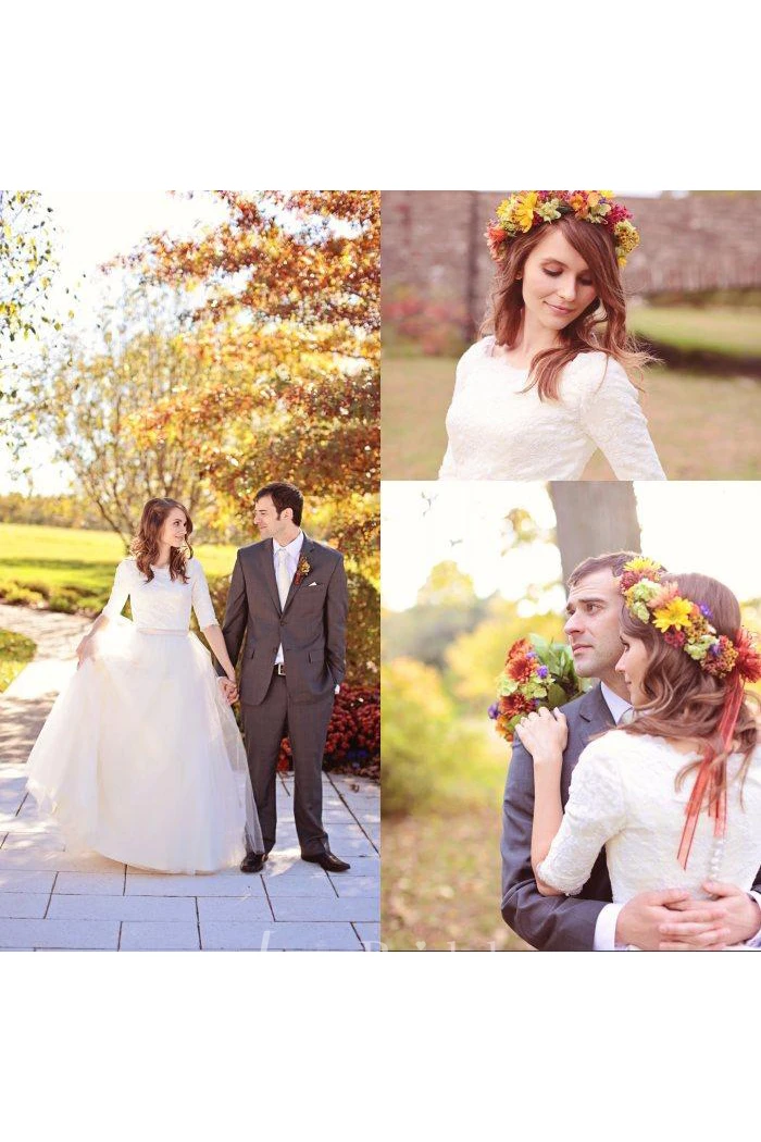 Modest Simple Scoop Lace Tulle Winter Wedding Dress with Elbow Sleeves