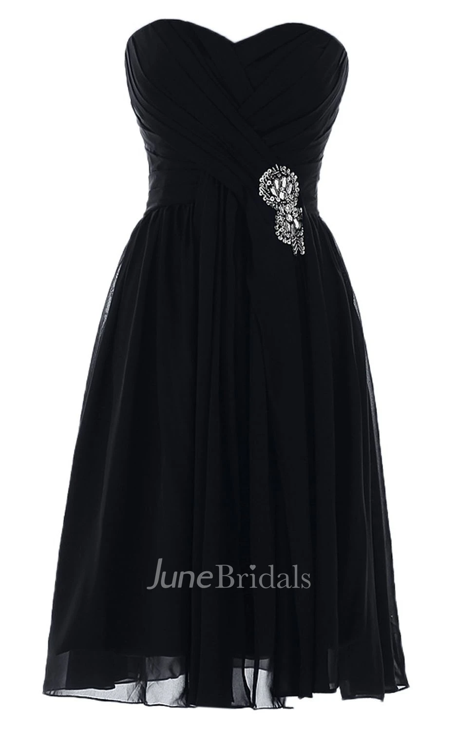 Sweetheart Knee-length Pleated Chiffon Dress With Crystal Stones