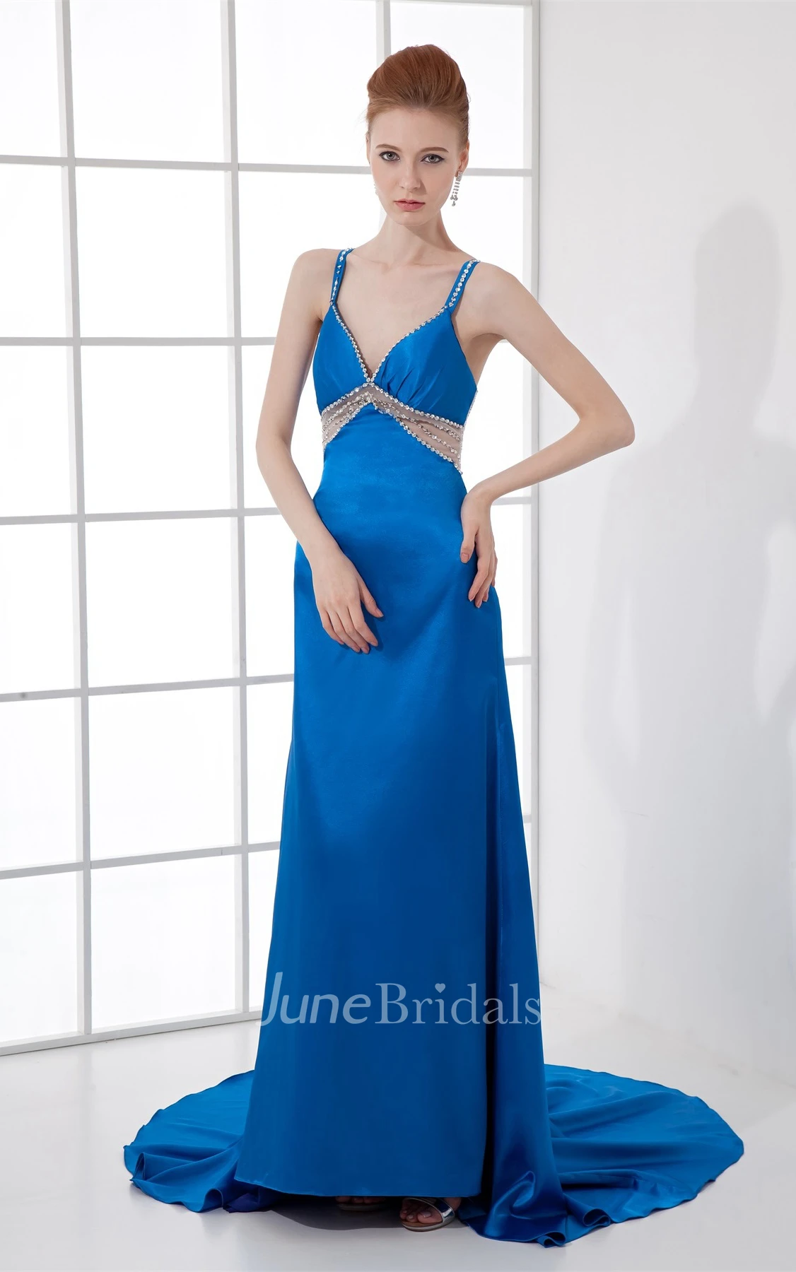 Glossy Sleeveless Maxi Dress with Beading and Illusion