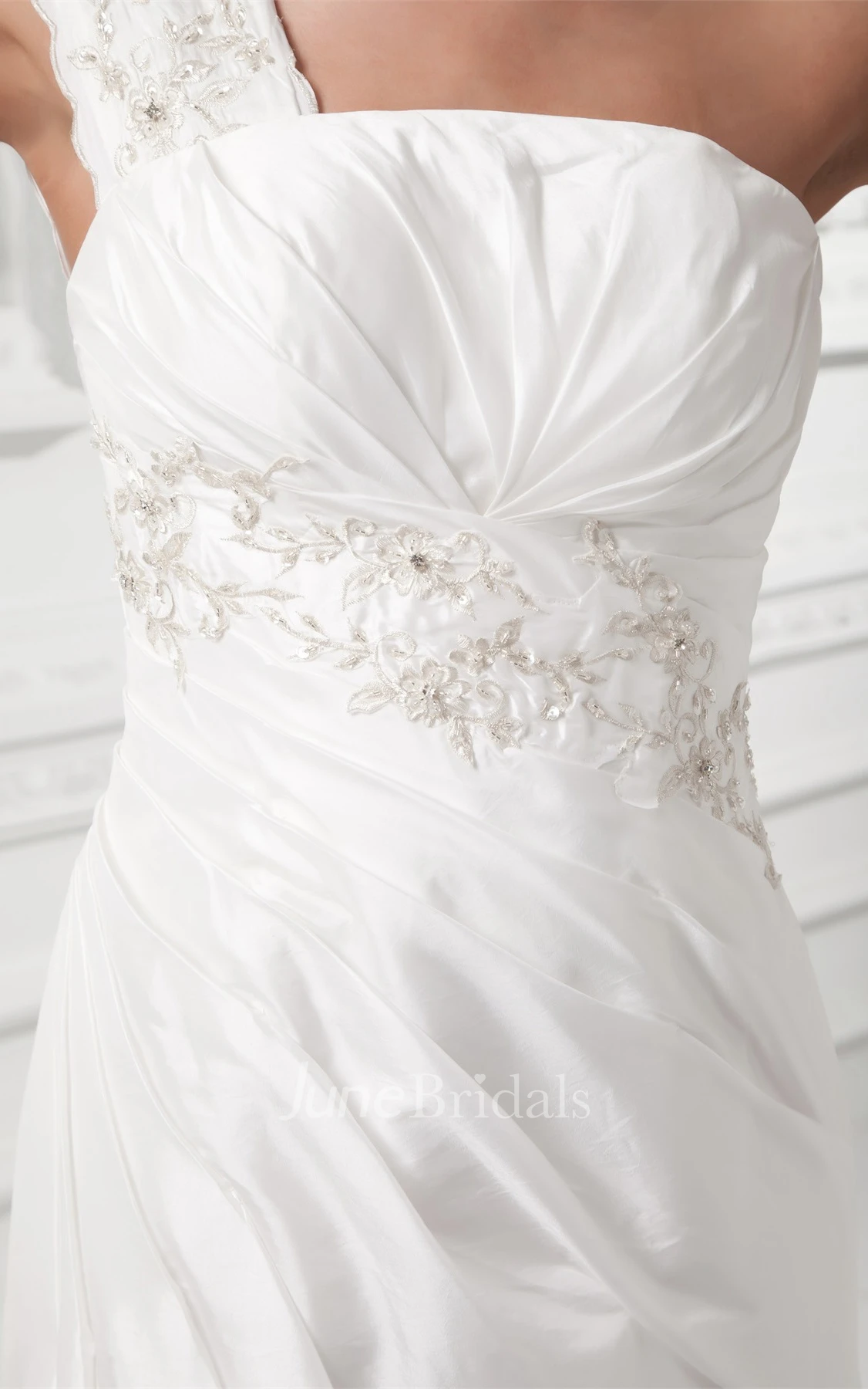 one-shoulder maxi mermaid gown with corset back and appliques