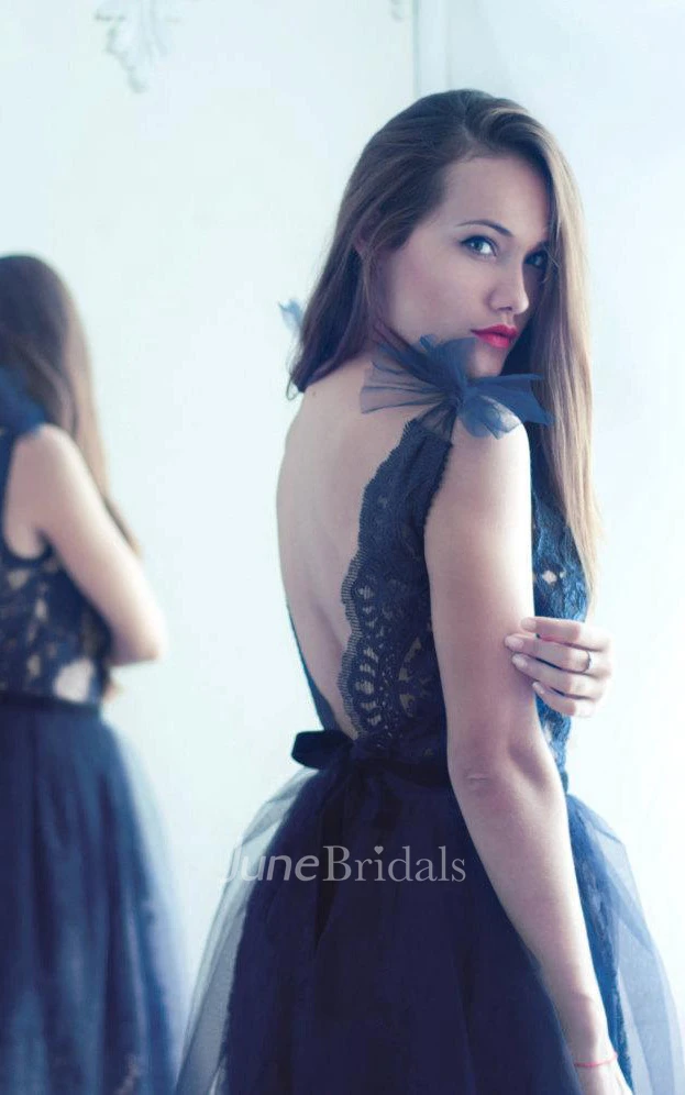 Navy Blue Lace Evening Open Back Dress