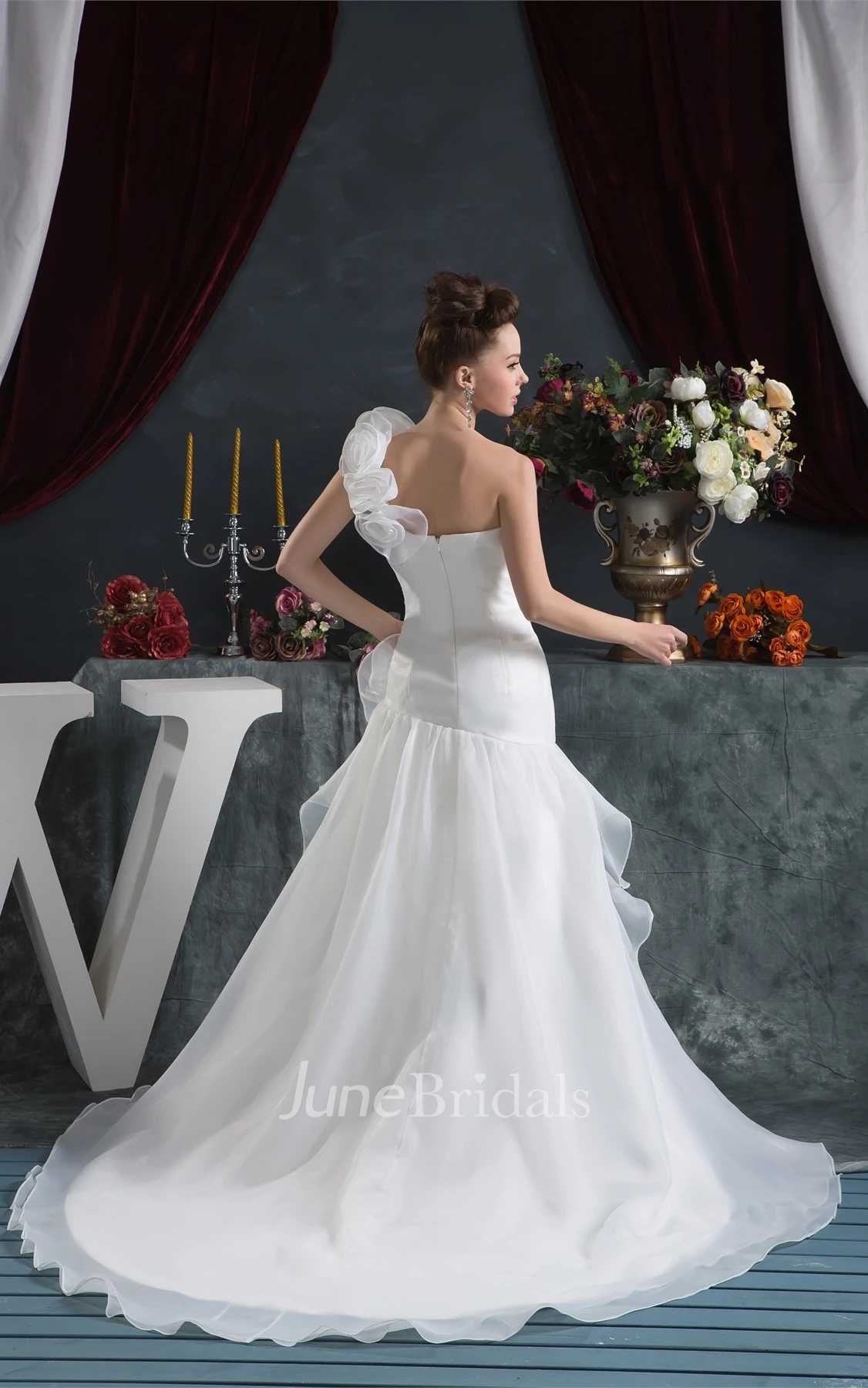 One-Shoulder Column A-Line Gown with Peplum and Flower