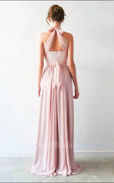 Pleated Floor-Length Chiffon Dress With Bow