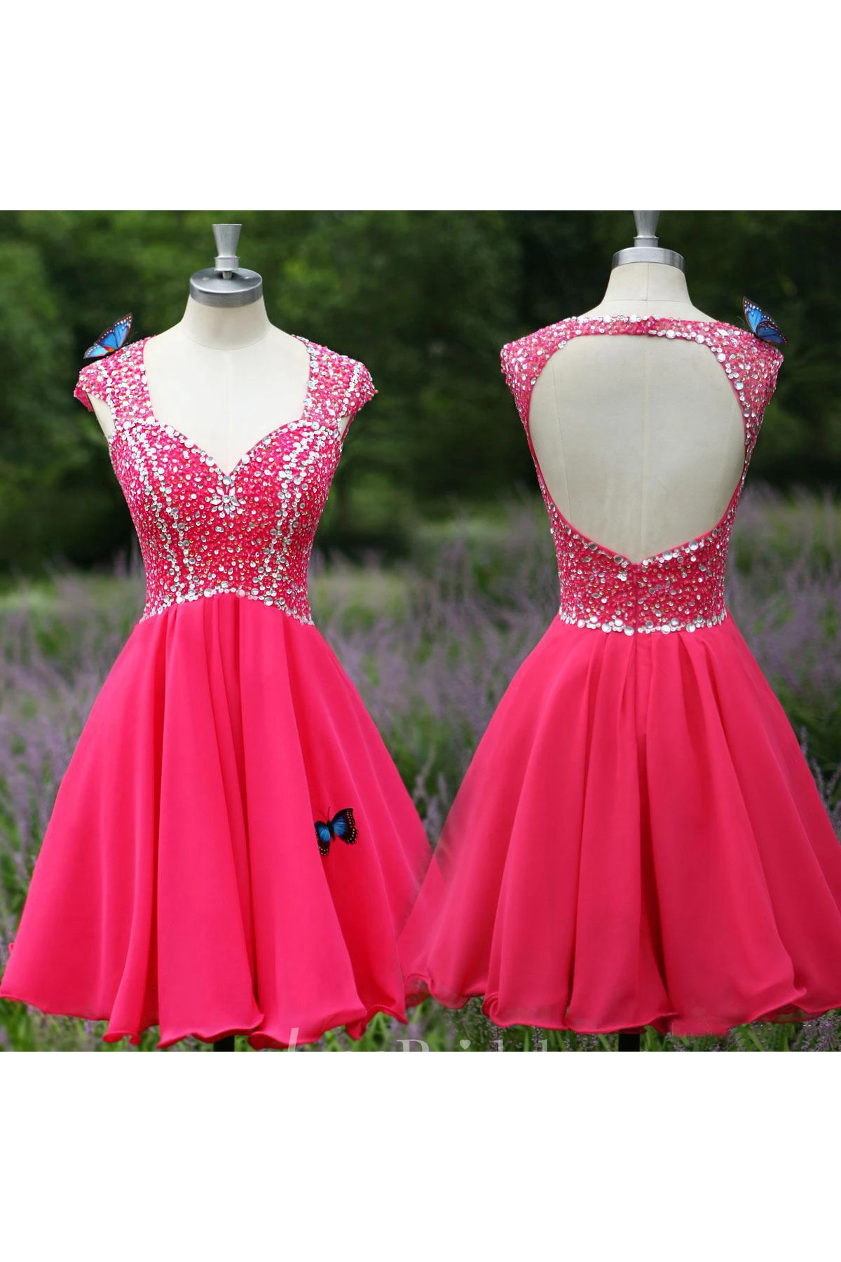 Modern V-neck Cap Sleeve Chiffon Homecoming Dress With Crystals