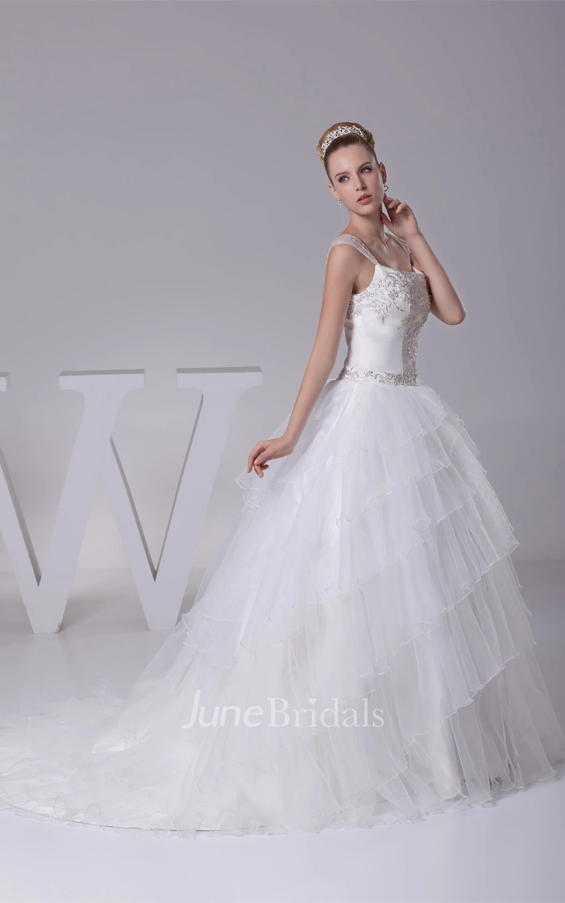 Strapped Tulle Ball Gown with Embroideries and Illusion
