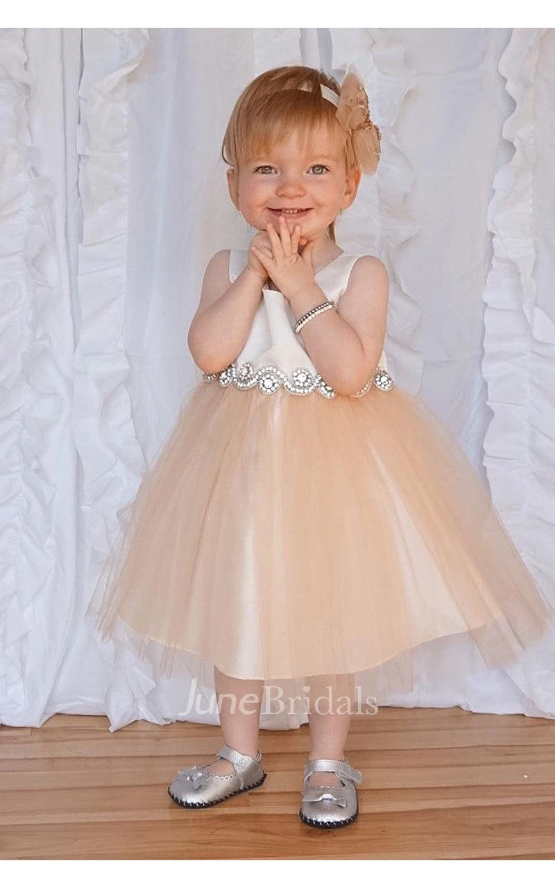 Satin Bodice Sleeveless Tulle Flower Girl Dress With Rhinestone Belt