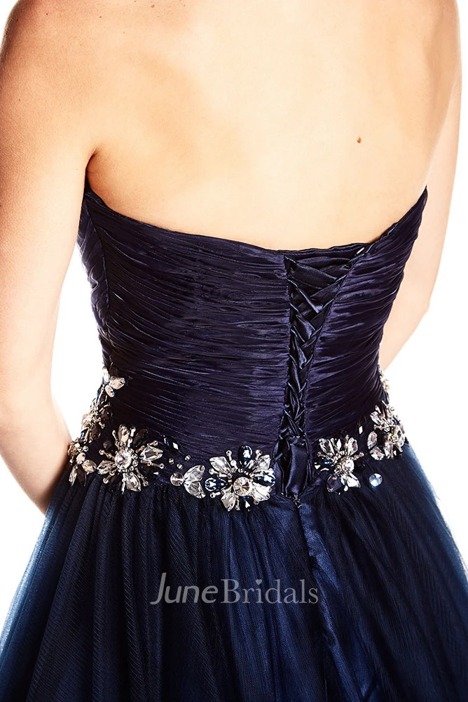 A-Line Criss-Cross Sweetheart Sleeveless Long Satin Prom Dress With Bow And Waist Jewellery