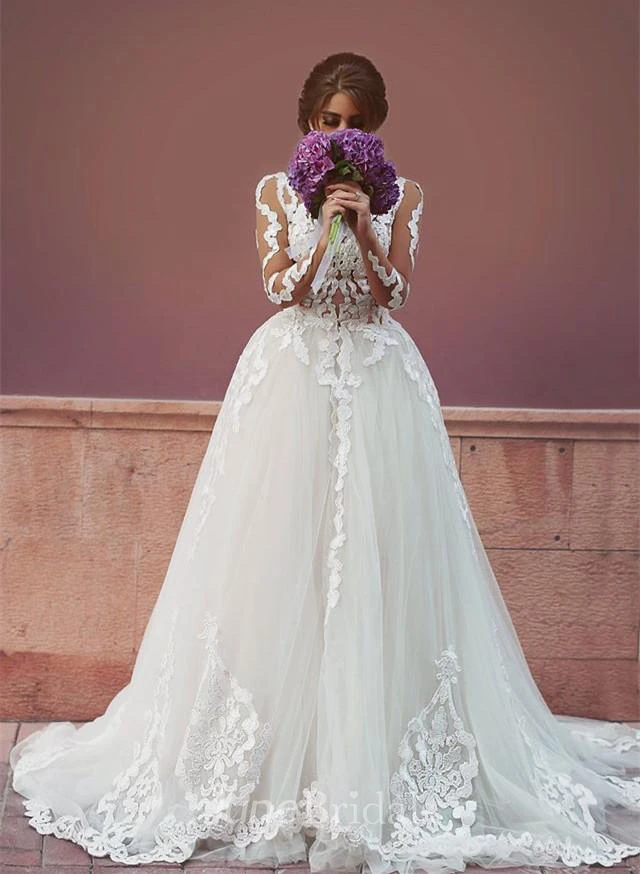 Delicate Tulle Lace Appliques Detached Wedding Dress Long Sleeve
