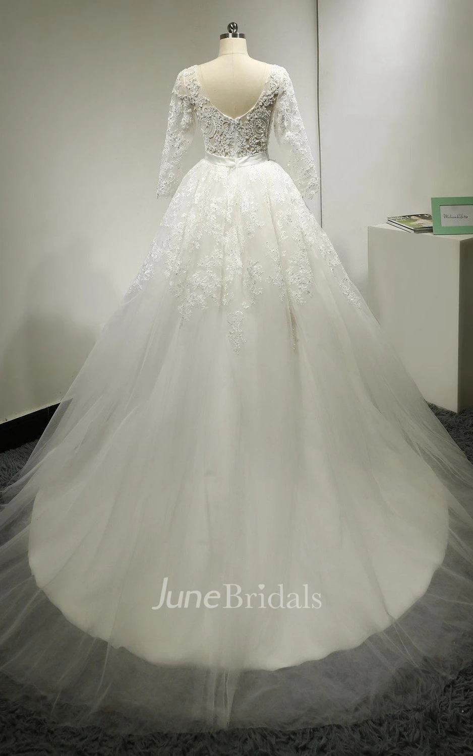 Bateau Neck 3 4 Sleeve A-Line Lace Wedding Dress With Court Train