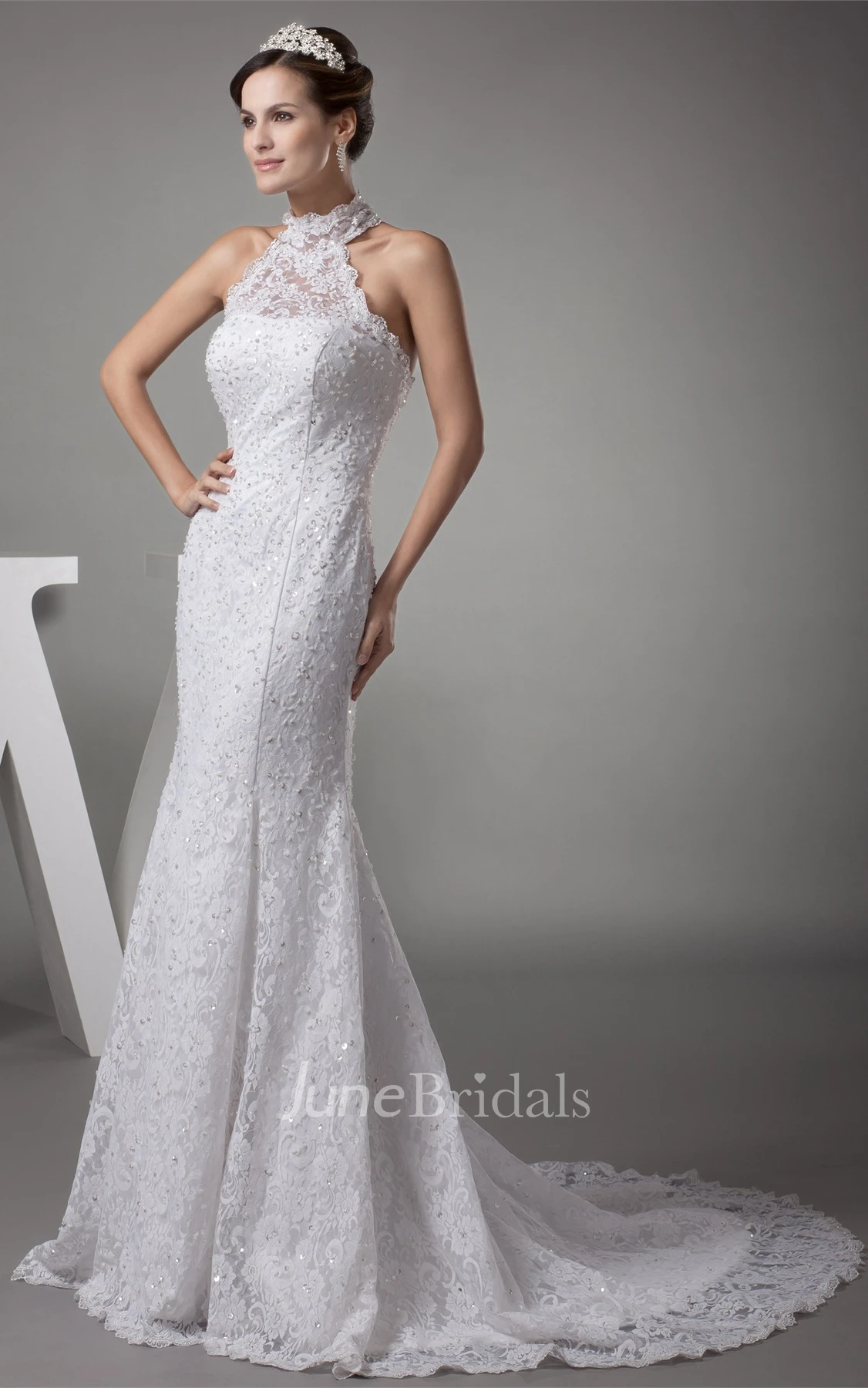Graceful High-Neck Backless A-Line Dress with Beading and Appliques