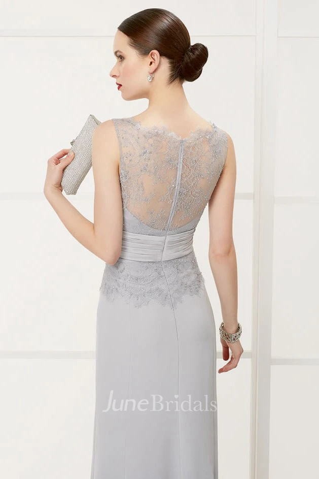 Sheath Long Dress with Lace Top and Waist Flower Illusion Bateau Sleeveless Elegant Women's Dress