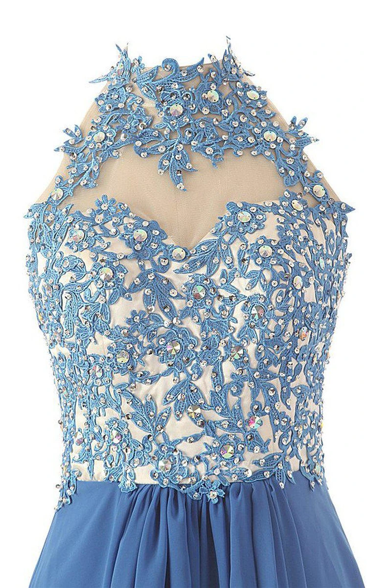 High-neck A-line Dress With Beadings and Keyhole