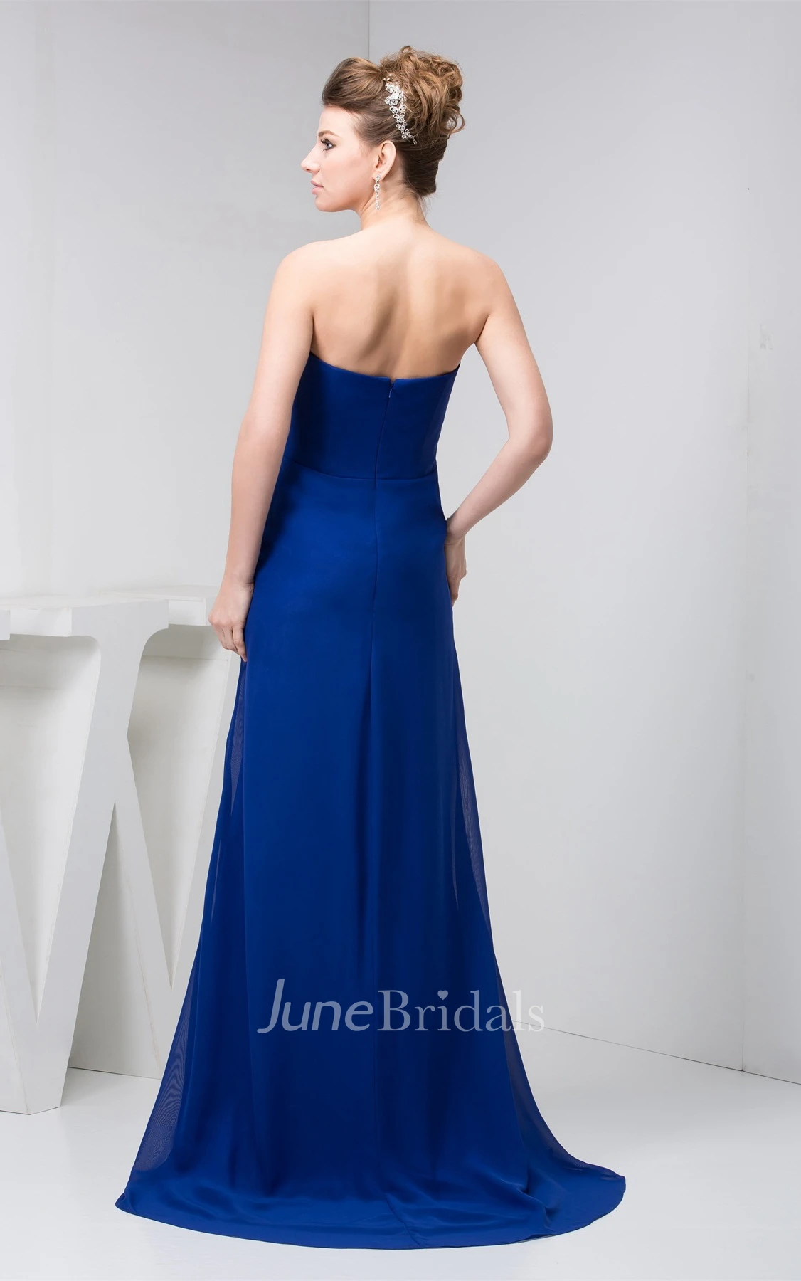 Strapless Chiffon Floor-Length Dress with Flower and Central Ruching