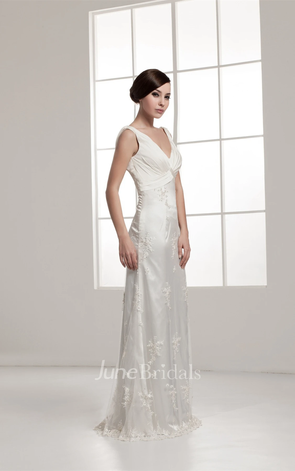 Deep-V-Neck Sheath Floor-Length Dress with Appliques and Ruching