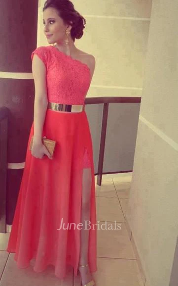 Modern One-shoulder Chiffon Prom Dress With Lace Front Split