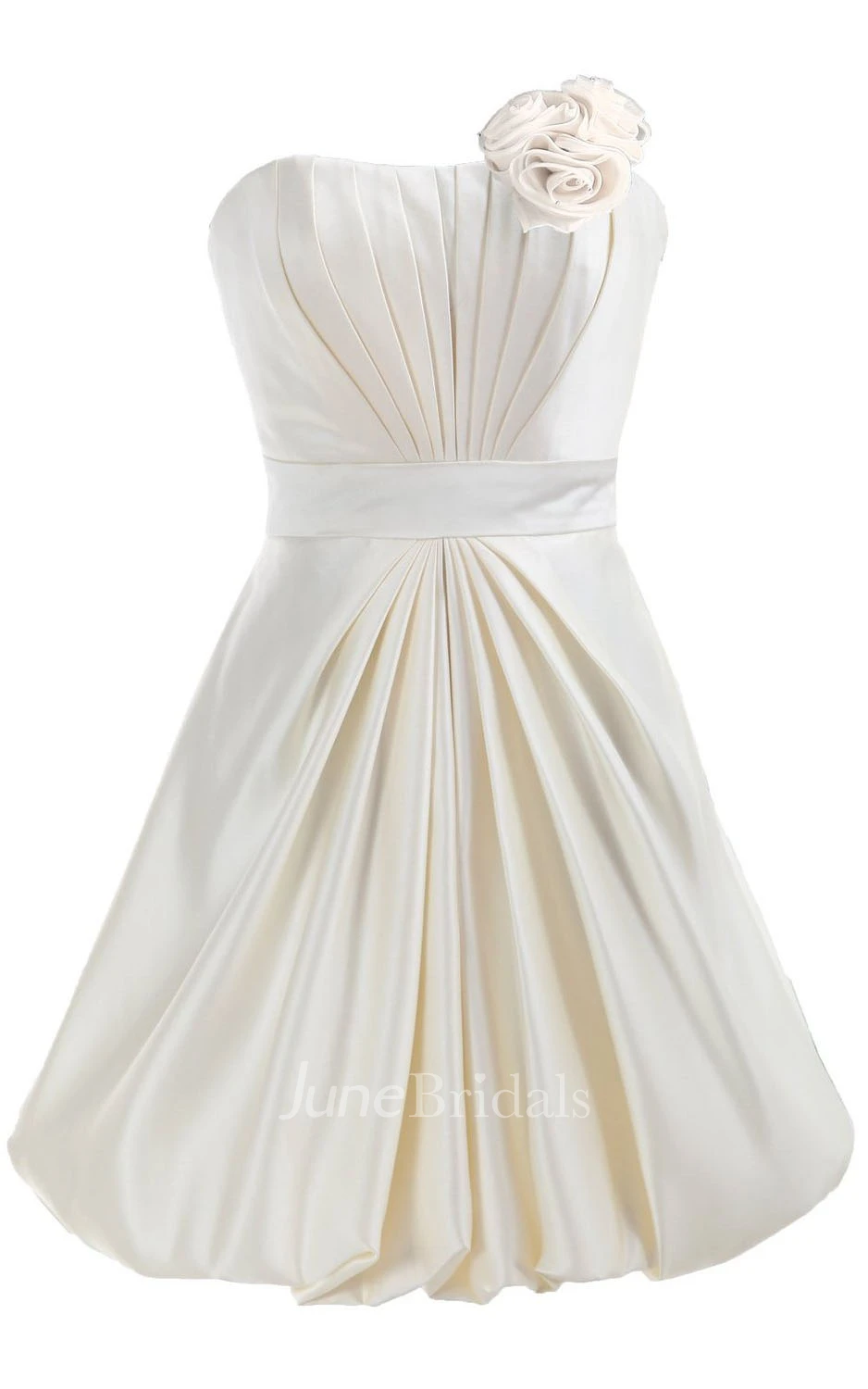 Strapless Appliqued Ruched Bodice Short Pleated Satin Dress