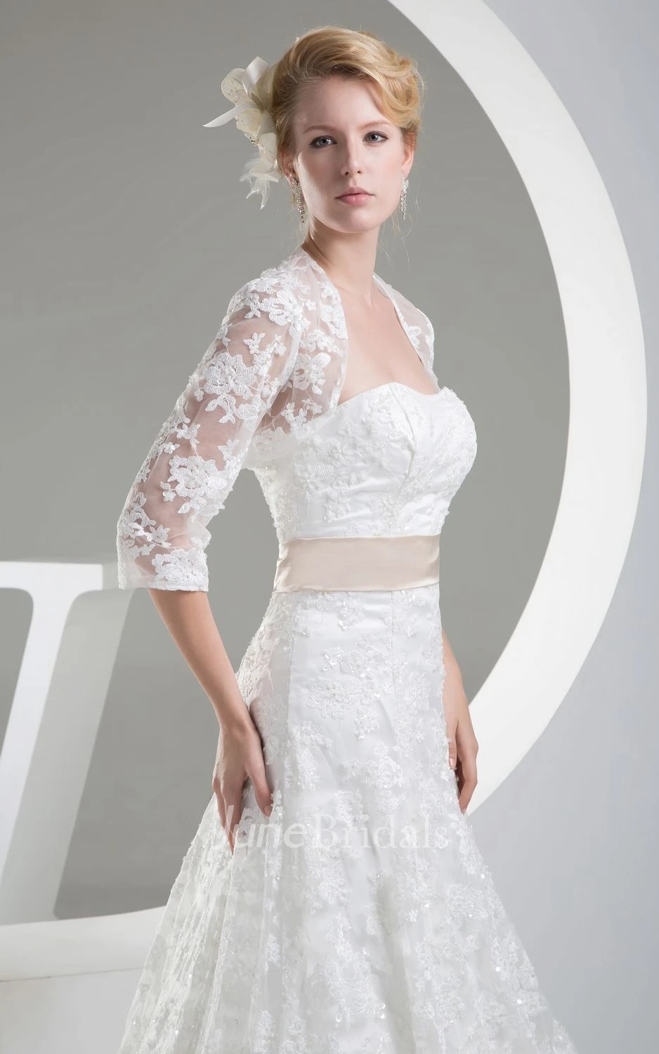 Strapless Lace A-Line Dress With Satin Waist and Bolero