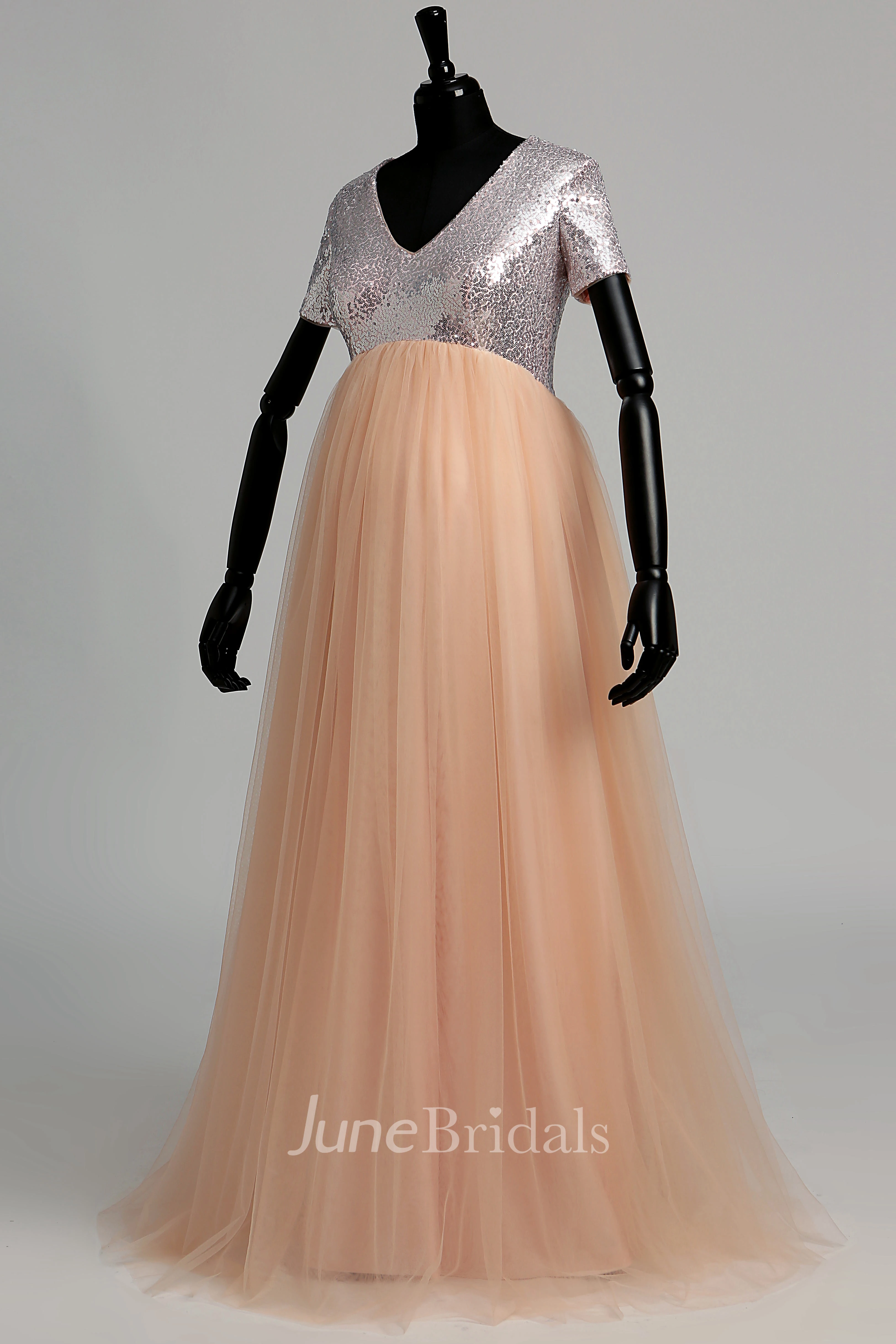 V-neck Short Sleeve Sequined Bodice Mternity Dress