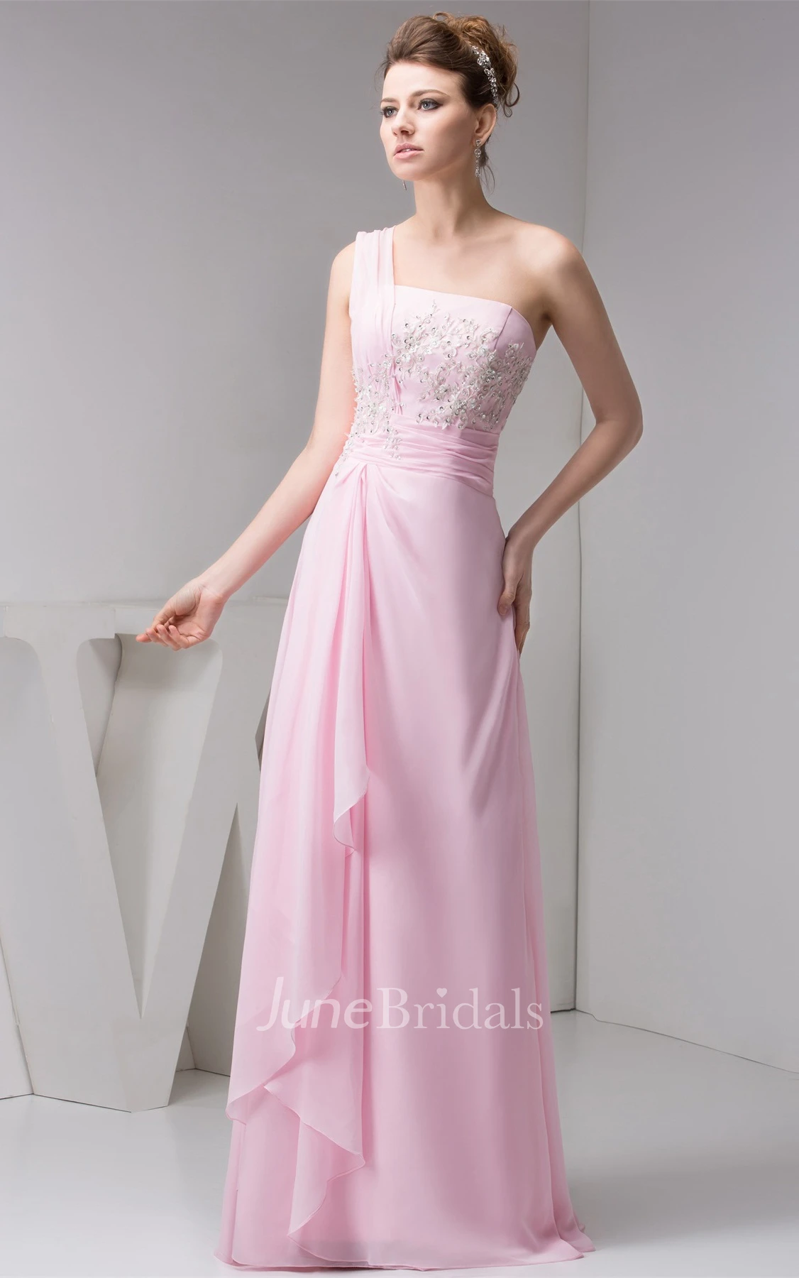 One-Shoulder Chiffon Draped Gown with Appliques and Beading
