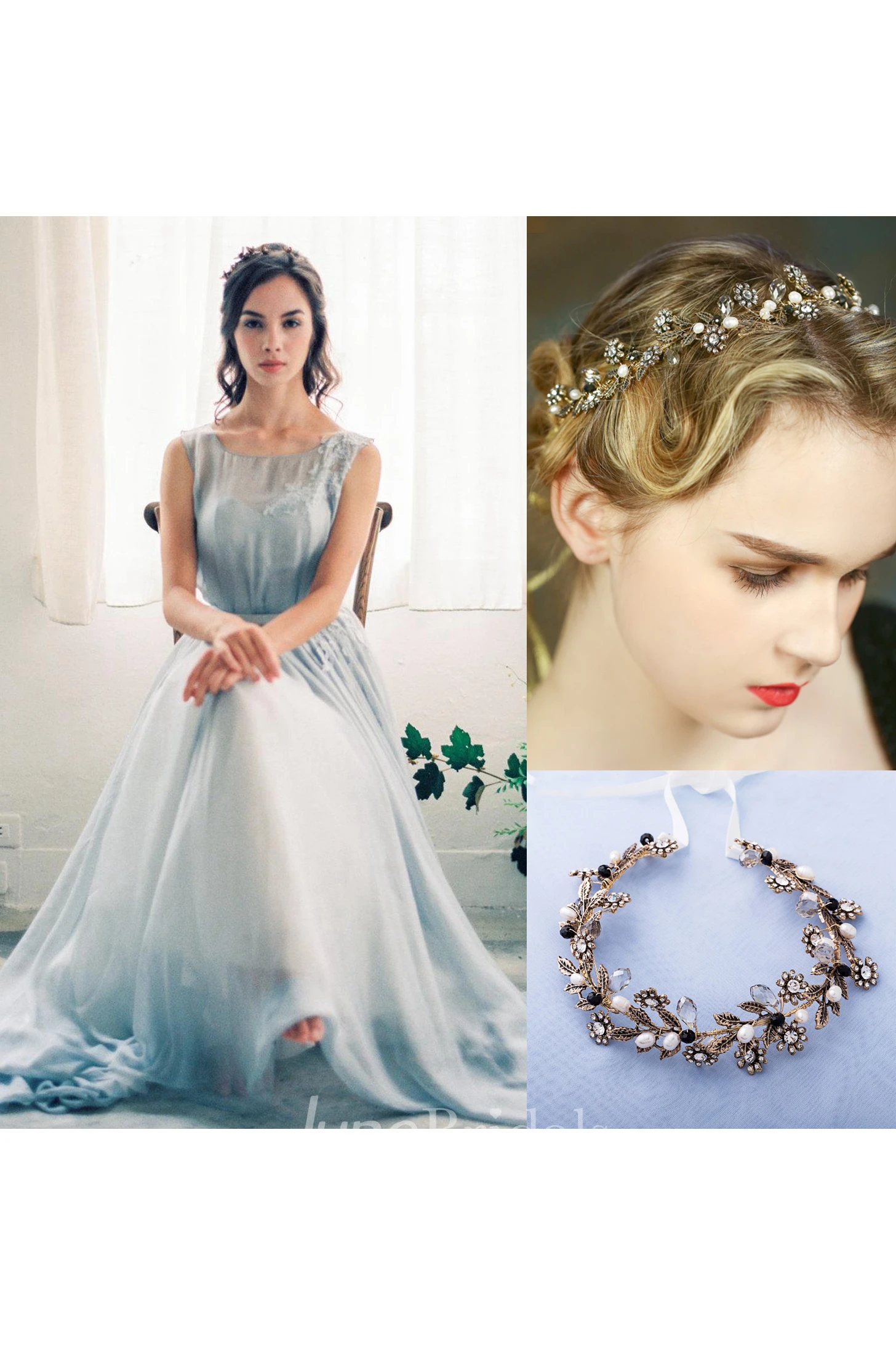 Chiffon Lace Weddig Dress With Flower and Vintage Diamond Crystal Pearl Gold Hair Band