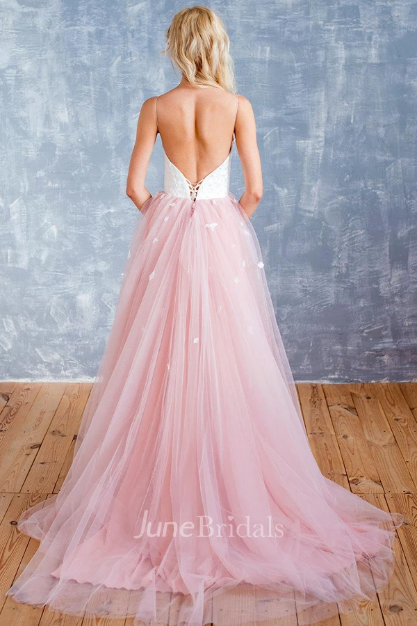 Spaghetti Tulle Floor-Length Backless Dress With Sweep Train