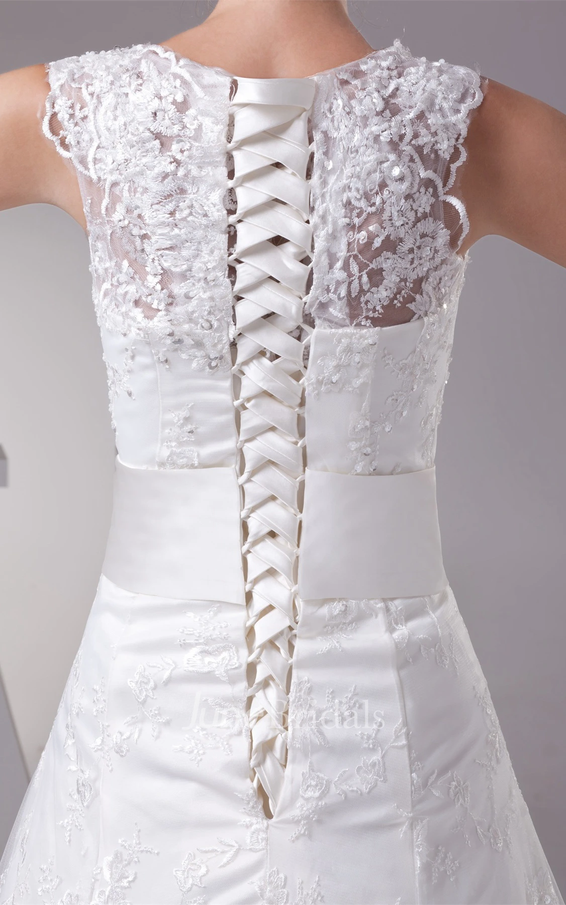 Bateau-Neck Sleeveless A-Line Gown with Appliques