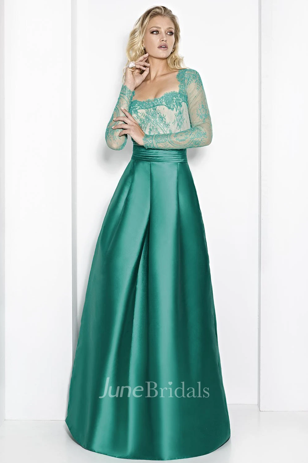 A-Line Long-Sleeve Square-Neck Long Satin&Lace Prom Dress