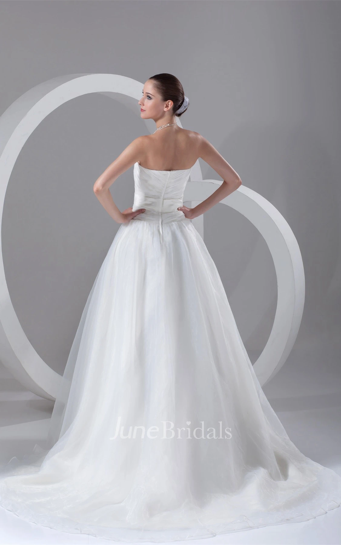 strapless maxi a-line dress with sweep train and ruched top