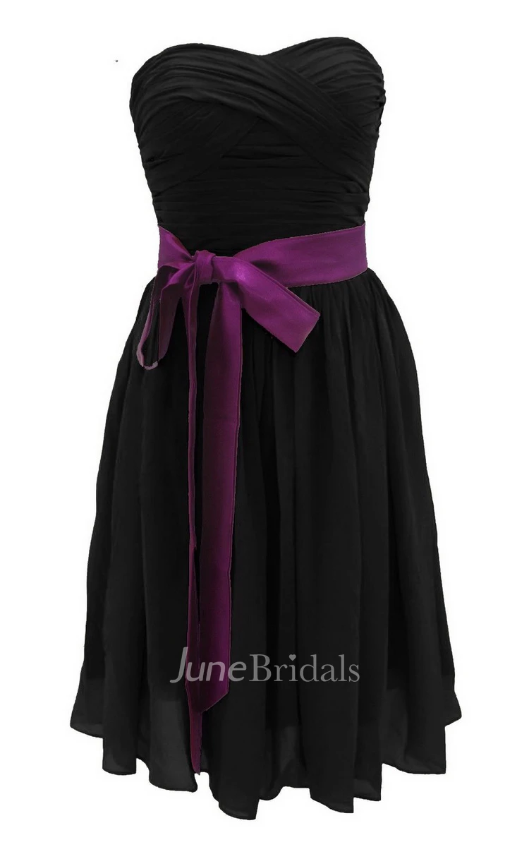 Sweetheart Mini Chiffon Dress With Sash Waist