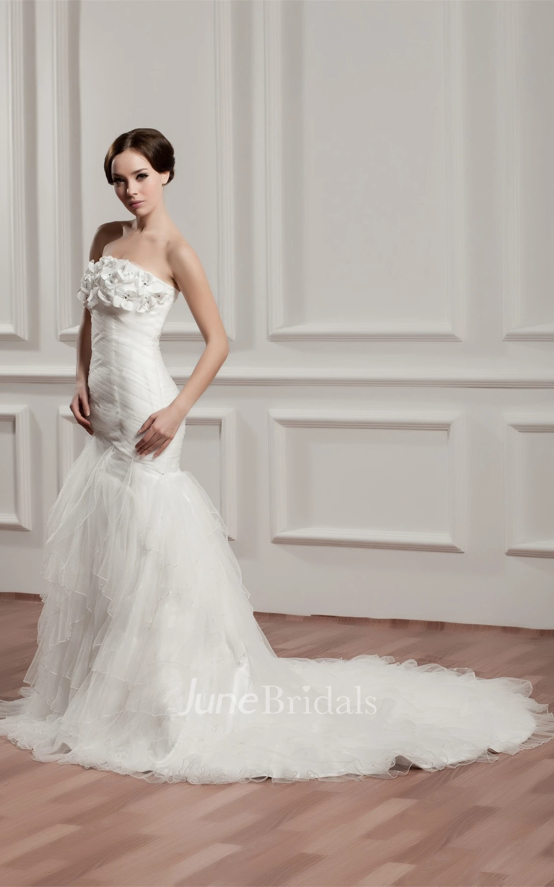 Strapless Mermaid Tulle Dress with Ruffles and Flower