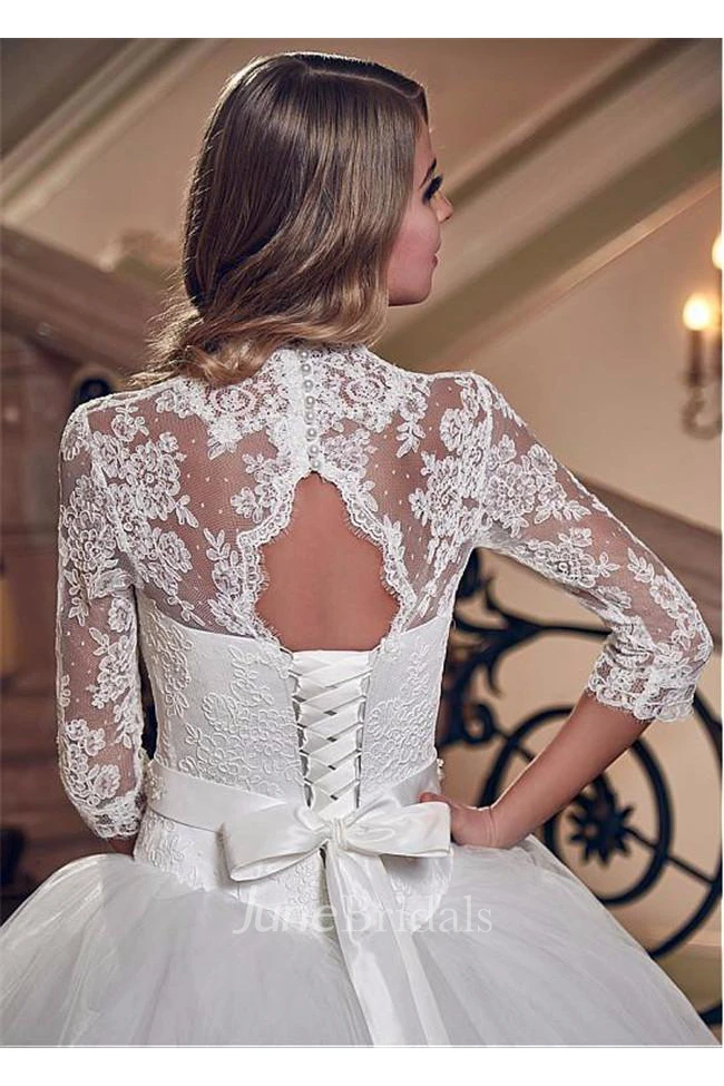 Elegant Tulle Lace Appliques Wedding Dress Ball Gown 3 4-Length Sleeve