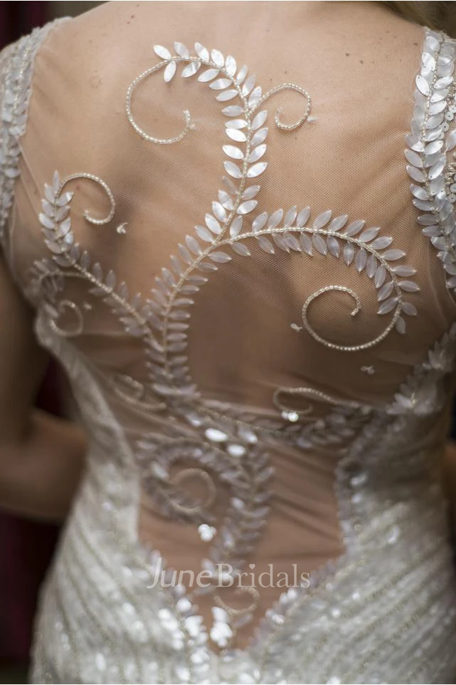 Newest Sequins Mermaid Tulle Wedding Dress Cap Sleeve Court Train