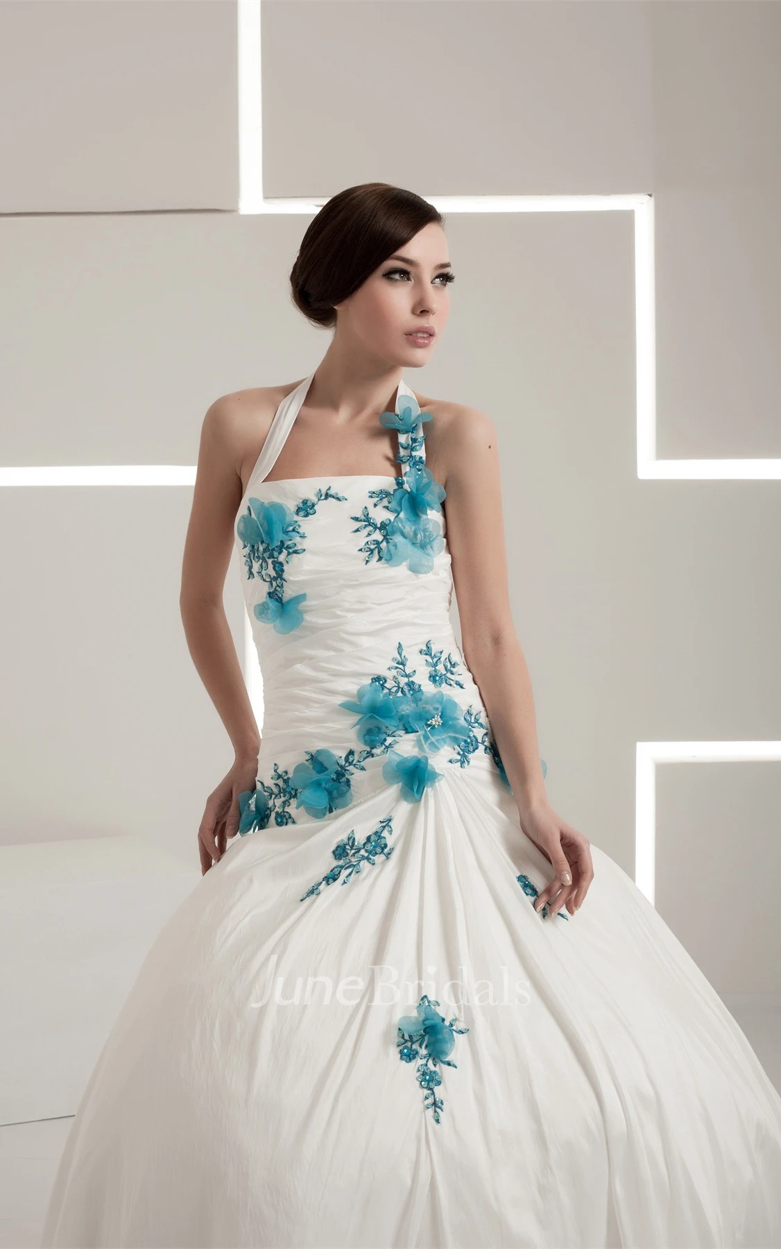 Haltered A-Line Appliqued Gown with Flower and Ruching