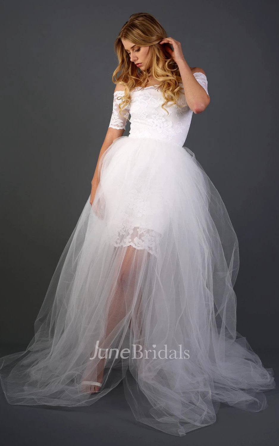 Full Lace Off-Shoulder Short Sheath Wedding Dress With Detachable Skirt