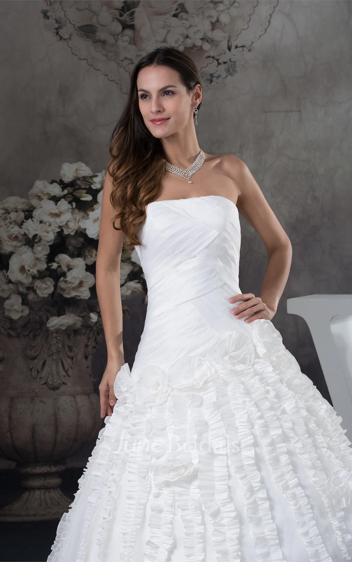 Strapless Criss-Cross A-Line Satin Bodice Dress with Flowers and Tulle Overlay