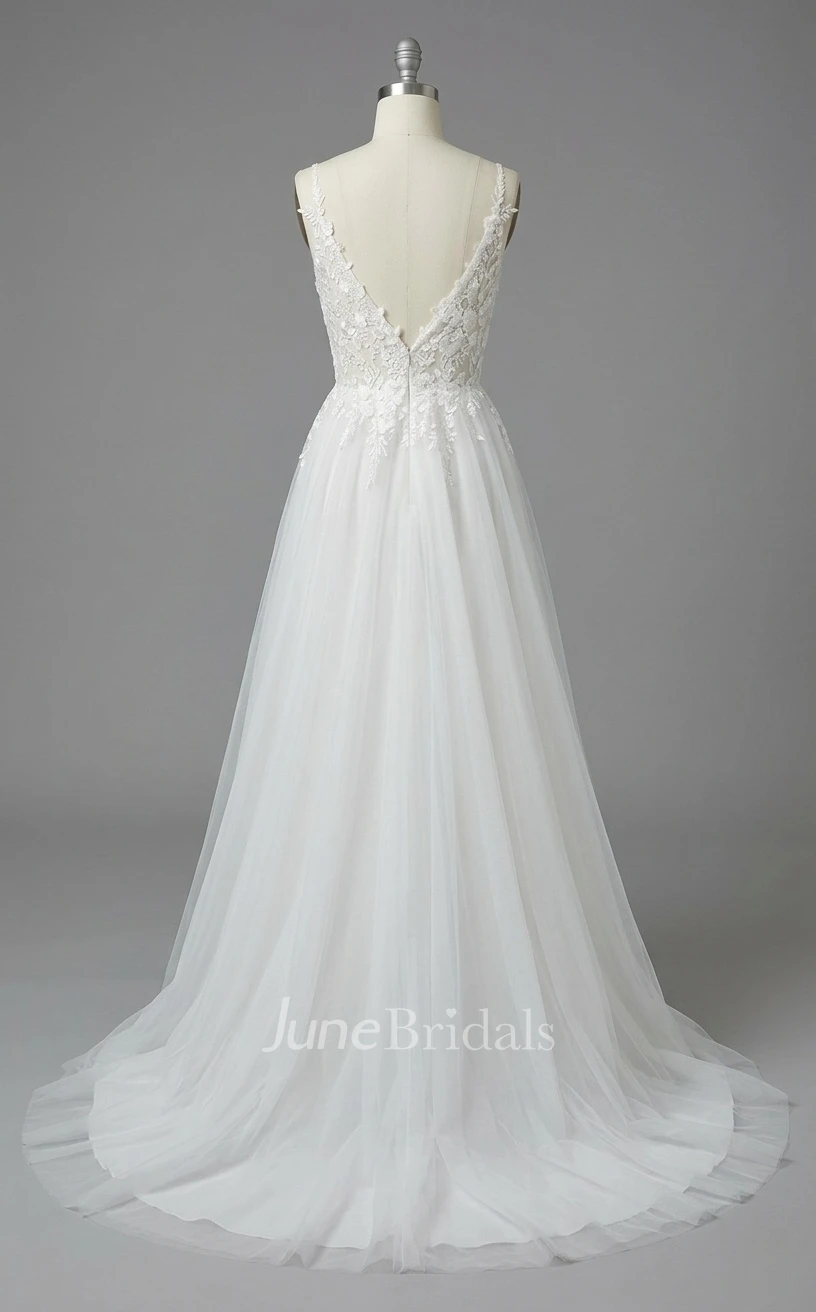 Country Lace A-Line Sleeveless Wedding Dress Deep V-Neck Spaghetti Elopement Bridal Gown