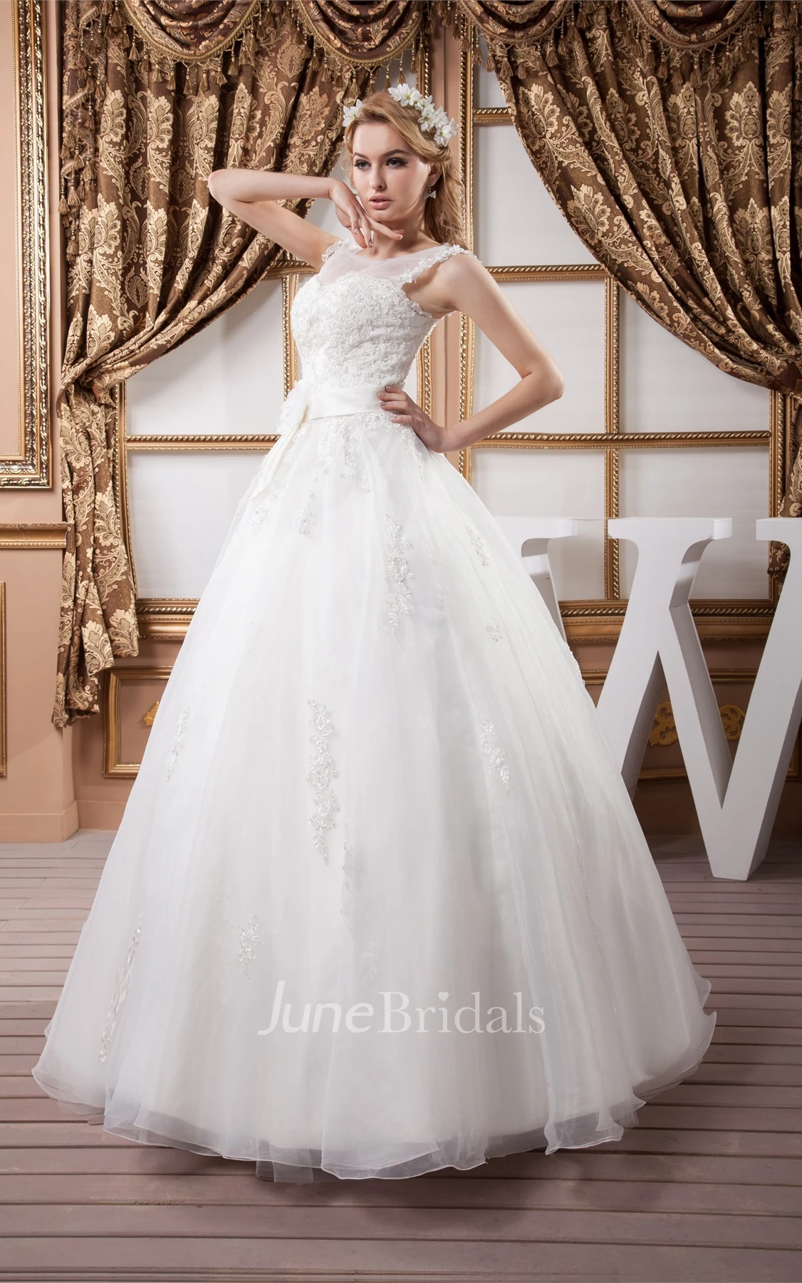 Sleeveless Tulle Ball Gown with Appliques and Illusion Neckline