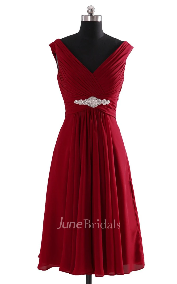 V-neckline Pleated Basque Waist Dress With Crystal