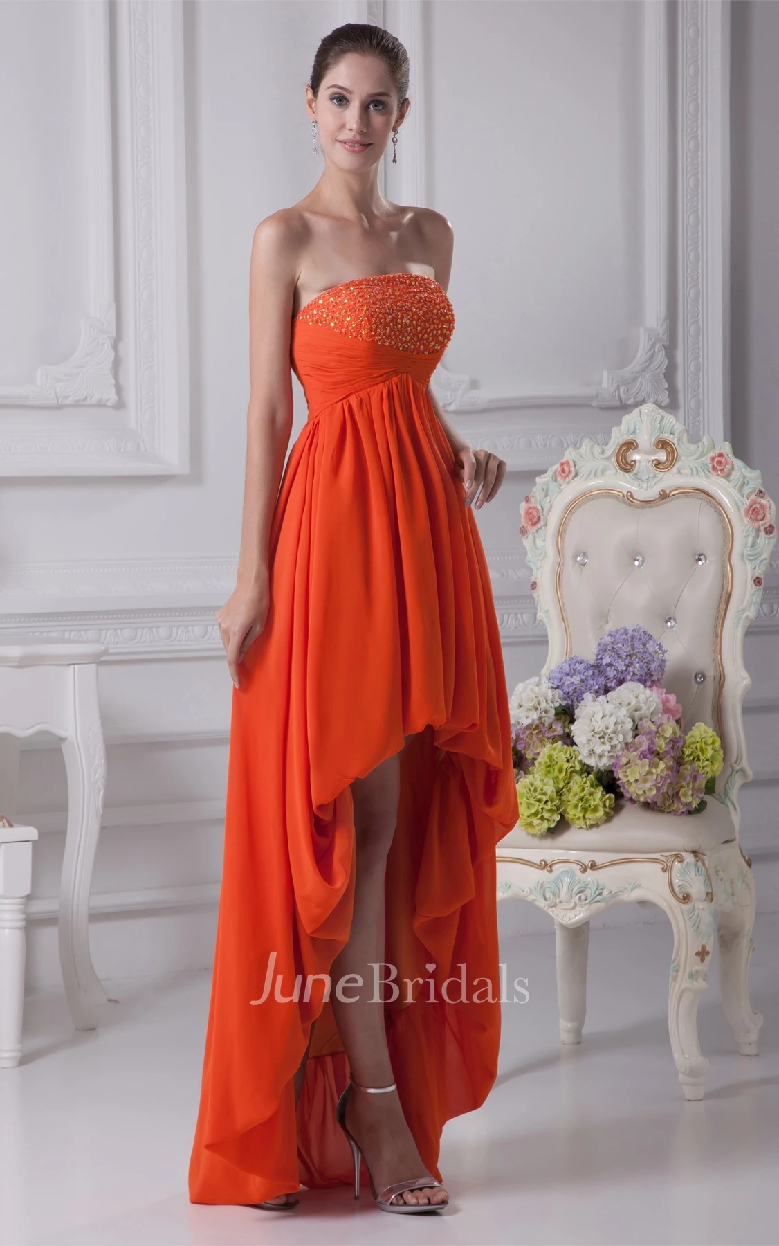 Strapless Gemmed High-Low Chiffon Dress with Pleats