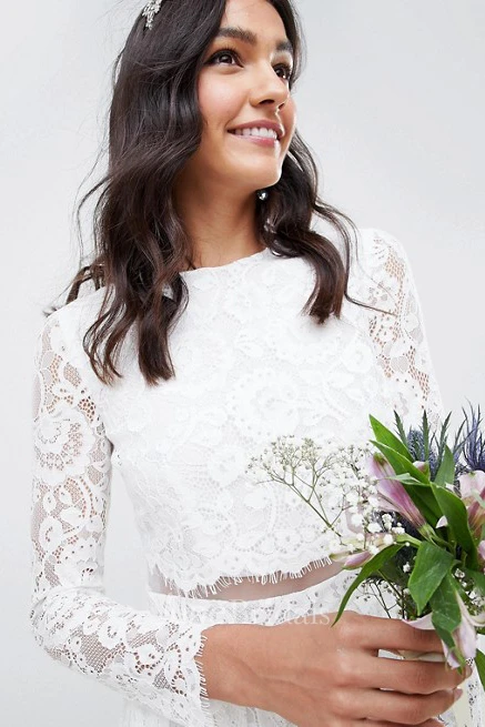 Simple Lace Two Piece Jewel-neck Long Sleeve Wedding Dress