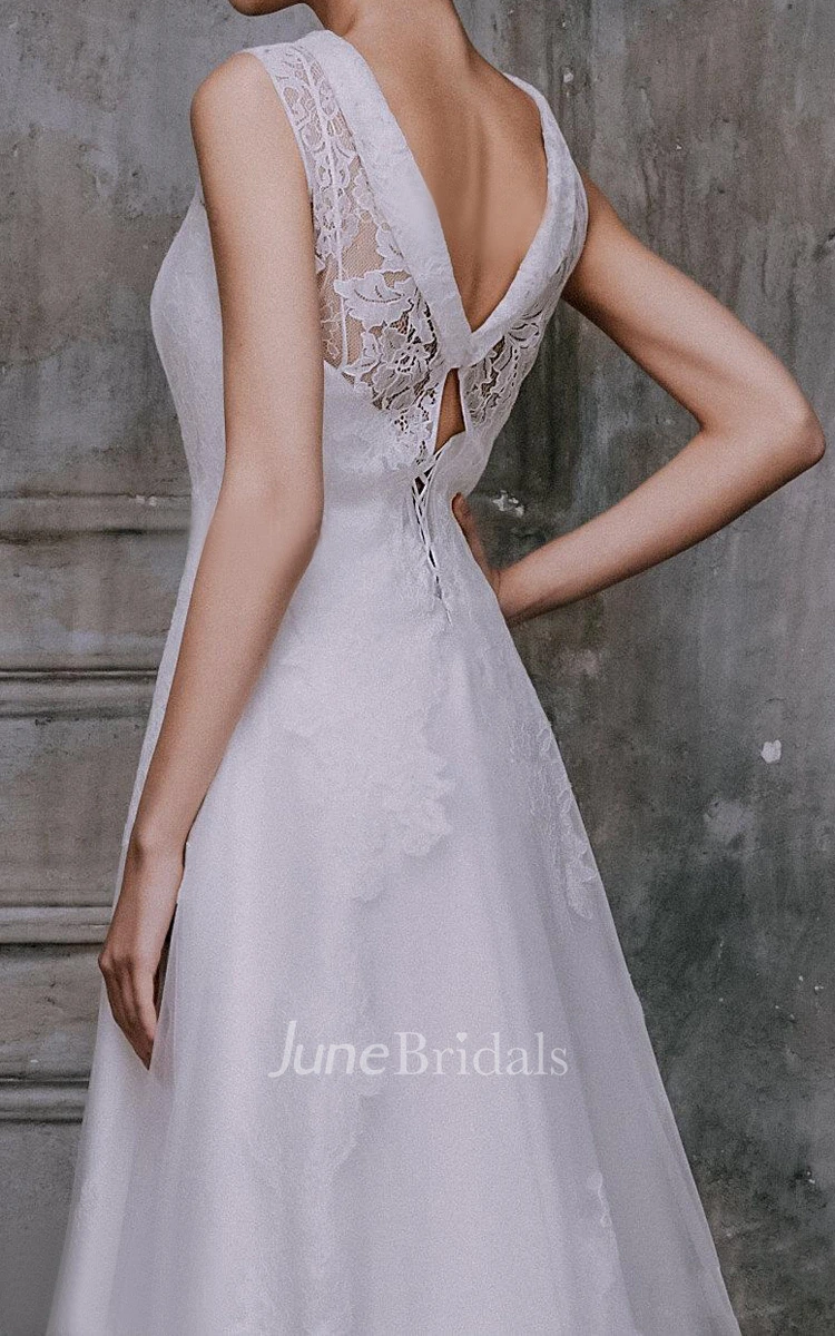 Tulle Lace Taffeta Weddig Dress With Low-V Back