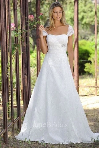 A-Line Cap Sleeve Strapless Ruched Lace Wedding Dress