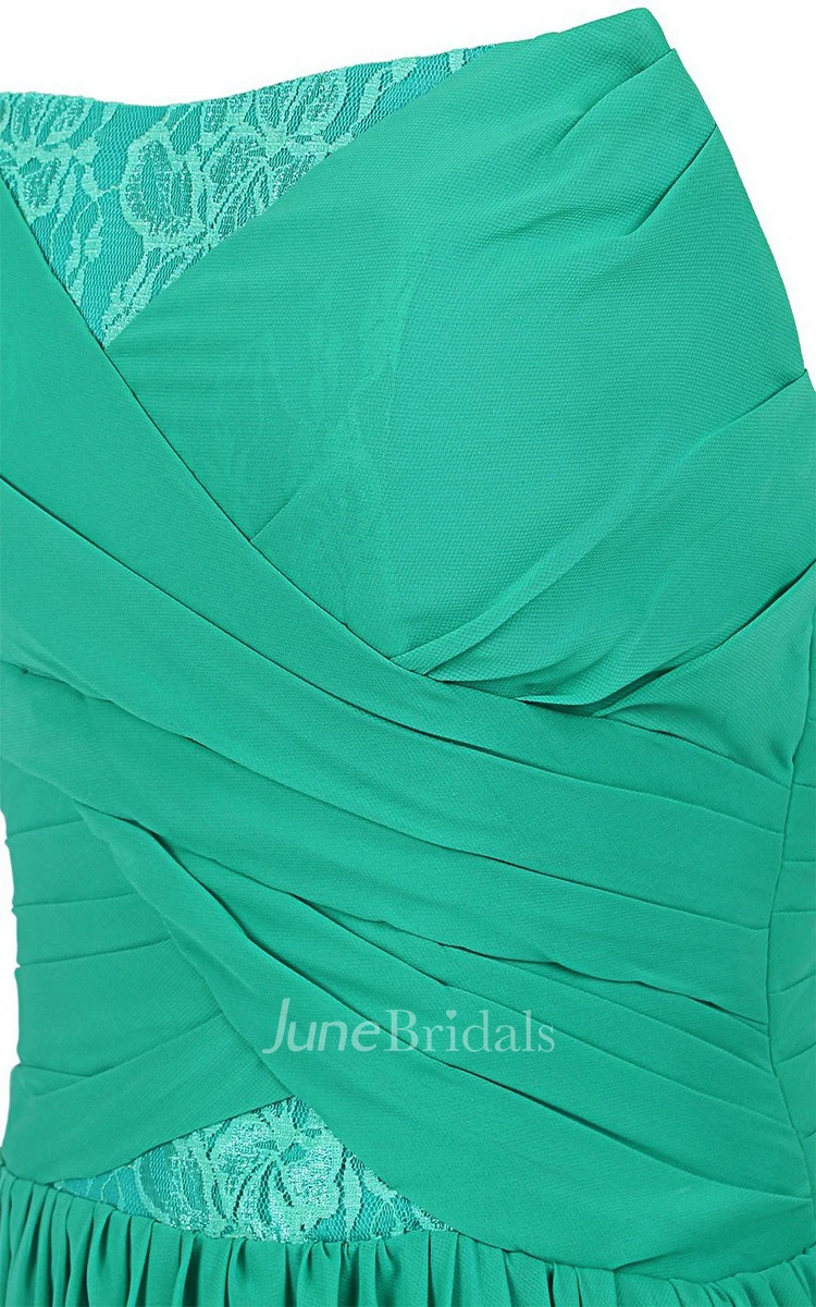 Asymmetrical Strapless Ruched Short Dress With Lace Appliques